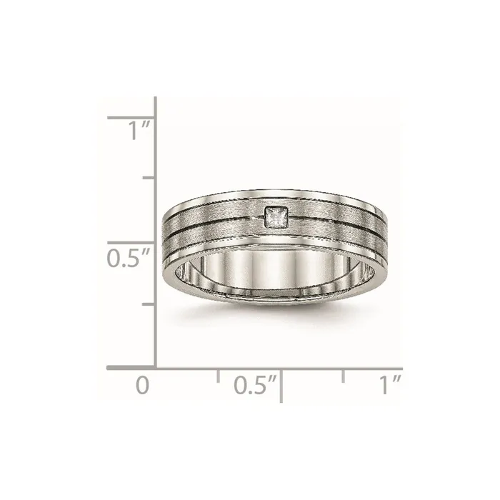 TreasureFineJewelers Rings Stainless Steel Polished wBrushed Center CZ 6mm Grooved Band