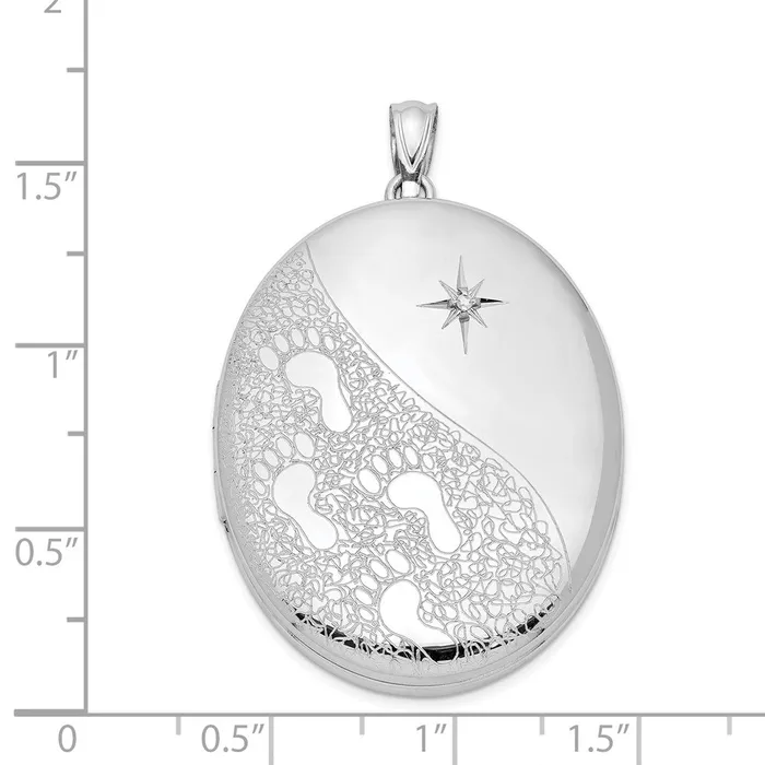 TreasureFineJewelers Rings Sterling Silver Rhodiumplated Diamond Footprints 34mm Oval Locket