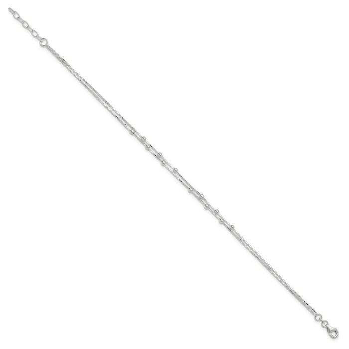 TreasureFineJewelers Sterling Silver Polished Beaded 2strand 9 inch Plus 1 inch ext Anklet Rings