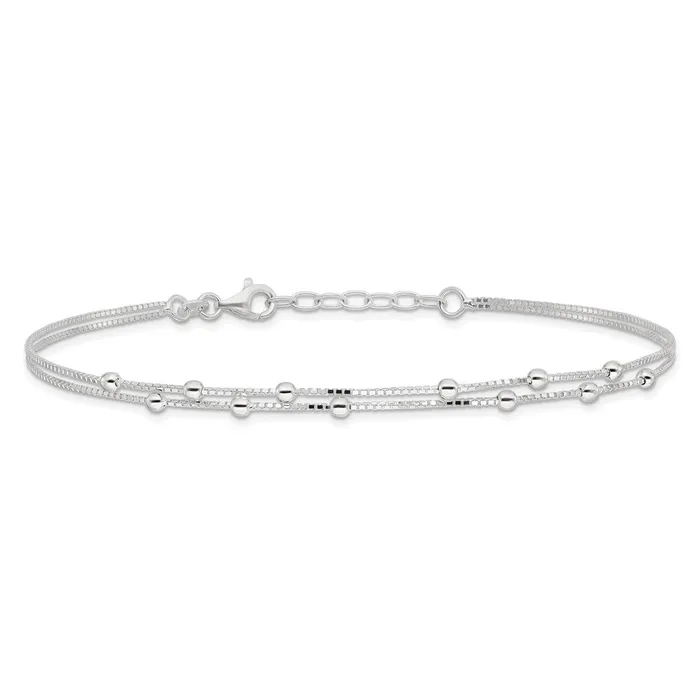 TreasureFineJewelers Sterling Silver Polished Beaded 2strand 9 inch Plus 1 inch ext Anklet Rings