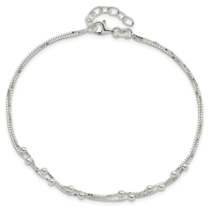 TreasureFineJewelers Sterling Silver Polished Beaded 2strand 9 inch Plus 1 inch ext Anklet Rings