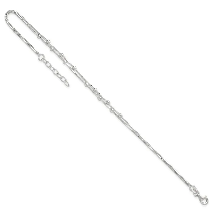 TreasureFineJewelers Sterling Silver Polished Beaded 2strand 9 inch Plus 1 inch ext Anklet Rings