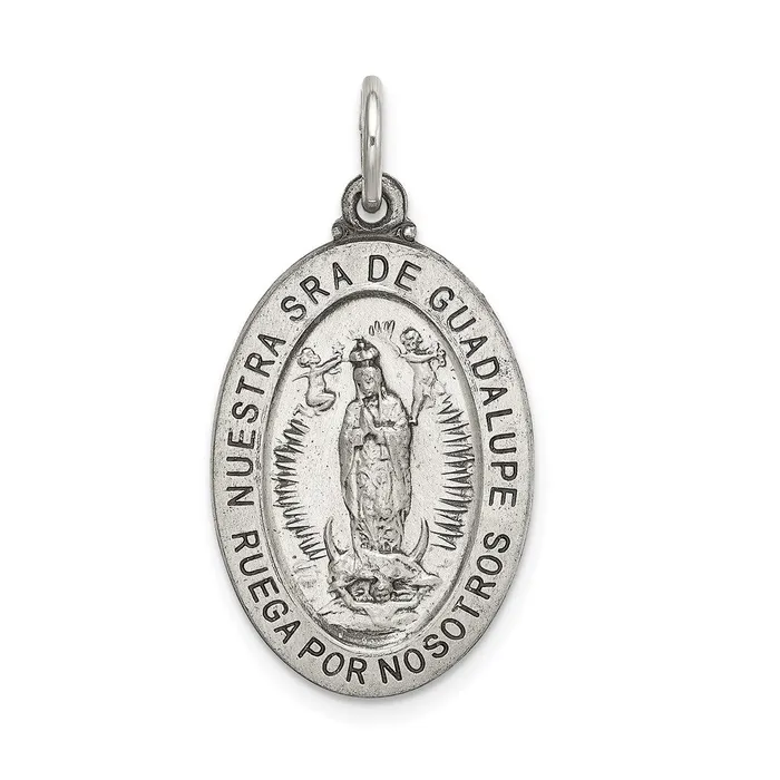 TreasureFineJewelers Sterling Silver Satin Antiqued Spanish Lady of Guadalupe Medal Pendant Necklaces