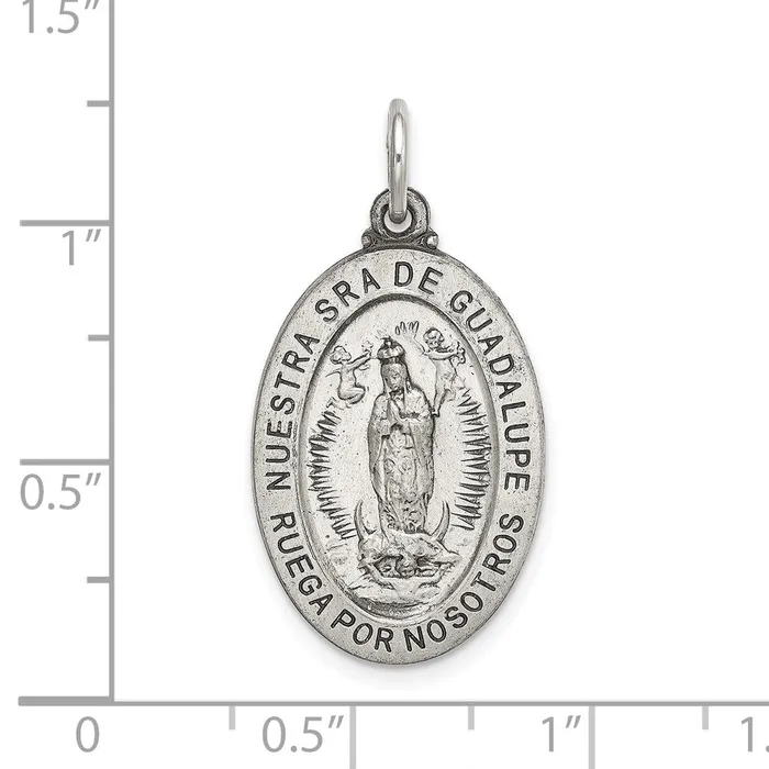 TreasureFineJewelers Sterling Silver Satin Antiqued Spanish Lady of Guadalupe Medal Pendant Necklaces