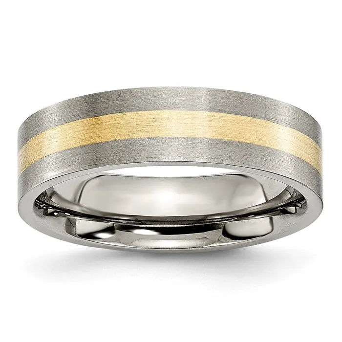 TreasureFineJewelers Titanium Brushed w14k Yellow Gold Inlay 6mm Flat Band Rings TreasureFineJewelers Titanium Brushed w14k Yellow Gold Inlay 6mm Flat Band Rings