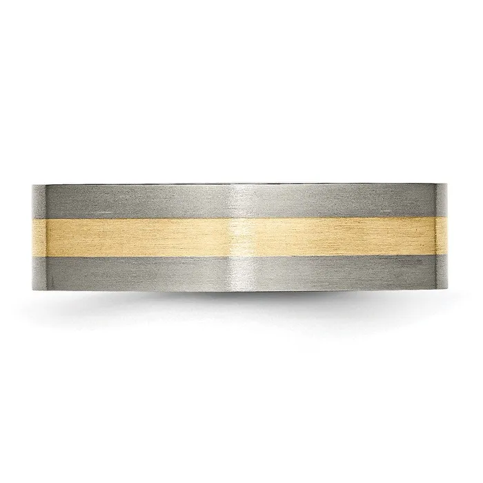 TreasureFineJewelers Titanium Brushed w14k Yellow Gold Inlay 6mm Flat Band Rings