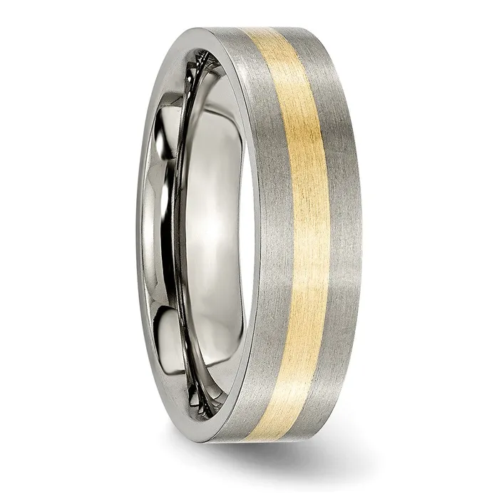 TreasureFineJewelers Titanium Brushed w14k Yellow Gold Inlay 6mm Flat Band Rings