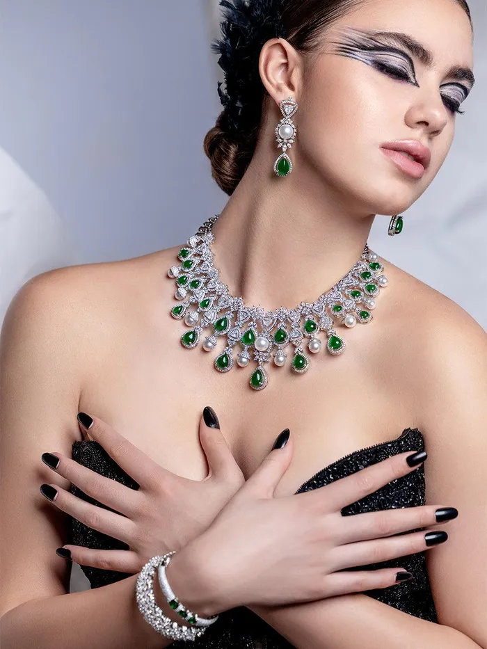Curio Cottage Necklaces Emerald Greenstone Dew Fall CZ Necklace Set