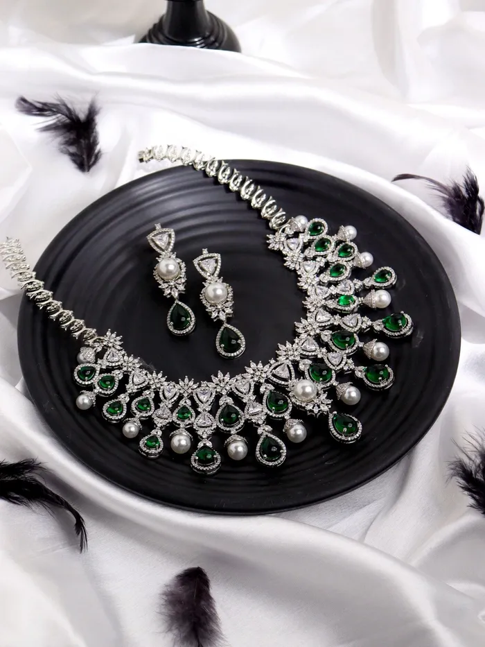 Curio Cottage Necklaces Emerald Greenstone Dew Fall CZ Necklace Set Curio Cottage Necklaces Emerald Greenstone Dew Fall CZ Necklace Set