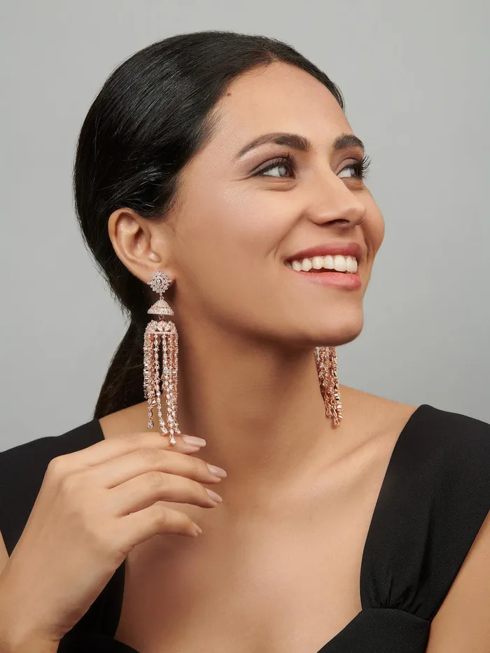 Diamante Rose Gold Shoulder Duster Jhumki Earrings Curio Cottage Earrings