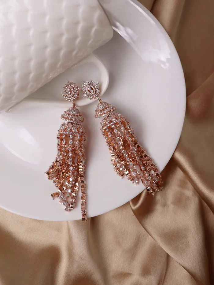 Diamante Rose Gold Shoulder Duster Jhumki Earrings Curio Cottage Earrings Diamante Rose Gold Shoulder Duster Jhumki Earrings Curio Cottage Earrings