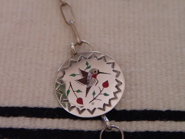 SOLD Native American Jewelry Zuni Hummingbird Blue Jay Inlay Necklace Raymond Boyd NAJN5 JEWELRY Necklaces