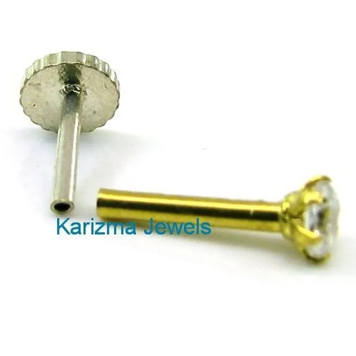 Earrings Karizma Jewels Indian Style Single Stone CZ Studded Body Piercing Jewelry Nose Stud Pin Solid Real 14k Yellow Gold