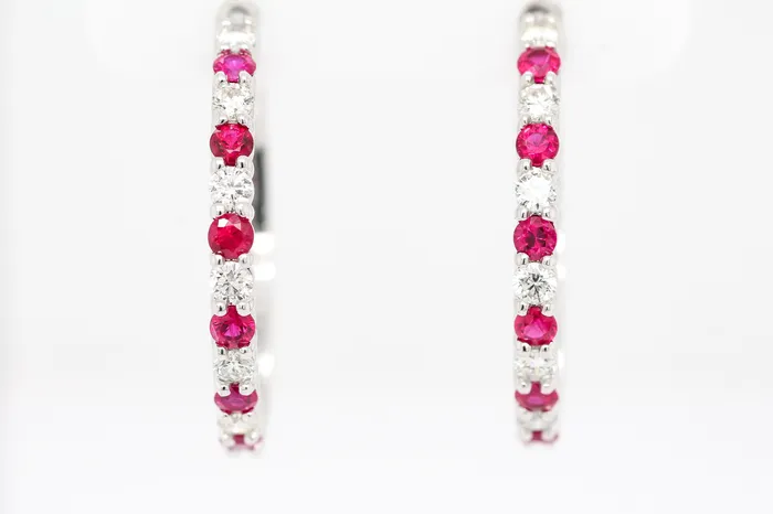 Earrings SUNRISE JEWELRY MFG CORP 14KW 103 CTTW RUBY AND DIAMOND HOOP EARRINGS 72 CTTW HSI1 Earrings SUNRISE JEWELRY MFG CORP 14KW 103 CTTW RUBY AND DIAMOND HOOP EARRINGS 72 CTTW HSI1