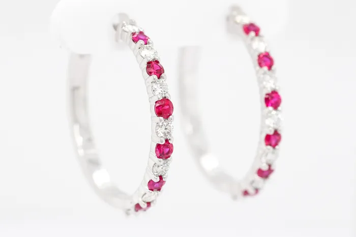 Earrings SUNRISE JEWELRY MFG CORP 14KW 103 CTTW RUBY AND DIAMOND HOOP EARRINGS 72 CTTW HSI1 Earrings SUNRISE JEWELRY MFG CORP 14KW 103 CTTW RUBY AND DIAMOND HOOP EARRINGS 72 CTTW HSI1