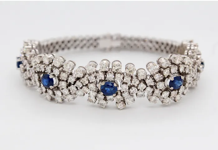 FULLERS PURCHASE FROM PUBLIC Bracelets Estate 18KW 150 Cttw Sapphire and 800 Ctw Diamond Bracelet FULLERS PURCHASE FROM PUBLIC Bracelets Estate 18KW 150 Cttw Sapphire and 800 Ctw Diamond Bracelet