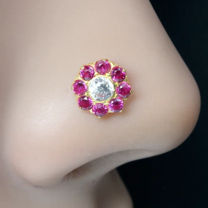 Karizma Jewels Earrings Beautiful Flower 14K Pure Gold Pink White CZ Indian Style Nose Stud Nose Pin Karizma Jewels Earrings Beautiful Flower 14K Pure Gold Pink White CZ Indian Style Nose Stud Nose Pin