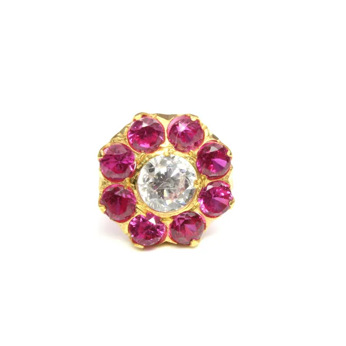 Karizma Jewels Earrings Beautiful Flower 14K Pure Gold Pink White CZ Indian Style Nose Stud Nose Pin