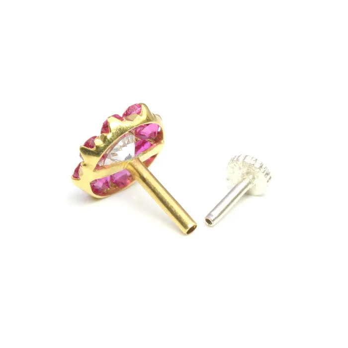 Karizma Jewels Earrings Beautiful Flower 14K Pure Gold Pink White CZ Indian Style Nose Stud Nose Pin