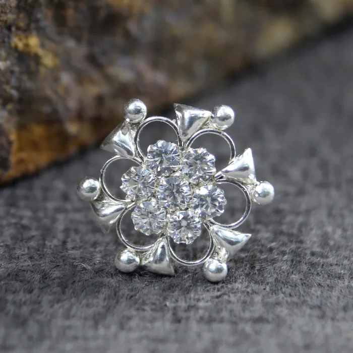 Karizma Jewels Earrings Traditional Real Sterling Silver White CZ Women Nose Stud Push Pin
