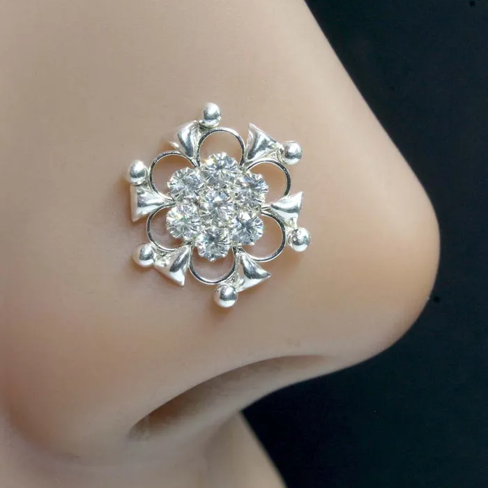 Karizma Jewels Earrings Traditional Real Sterling Silver White CZ Women Nose Stud Push Pin