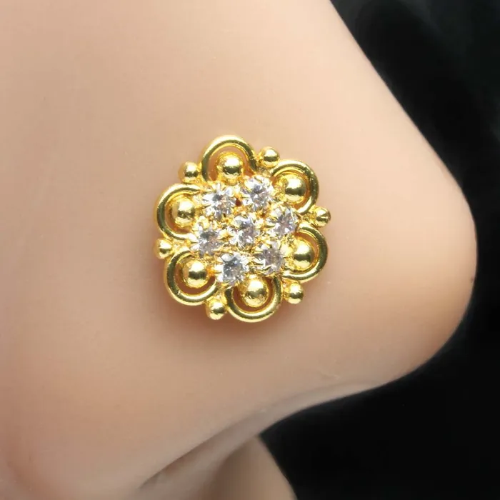 Karizma Jewels Indian Gold Plated Nose Stud White CZ Twisted Women nose ring 22g Rings