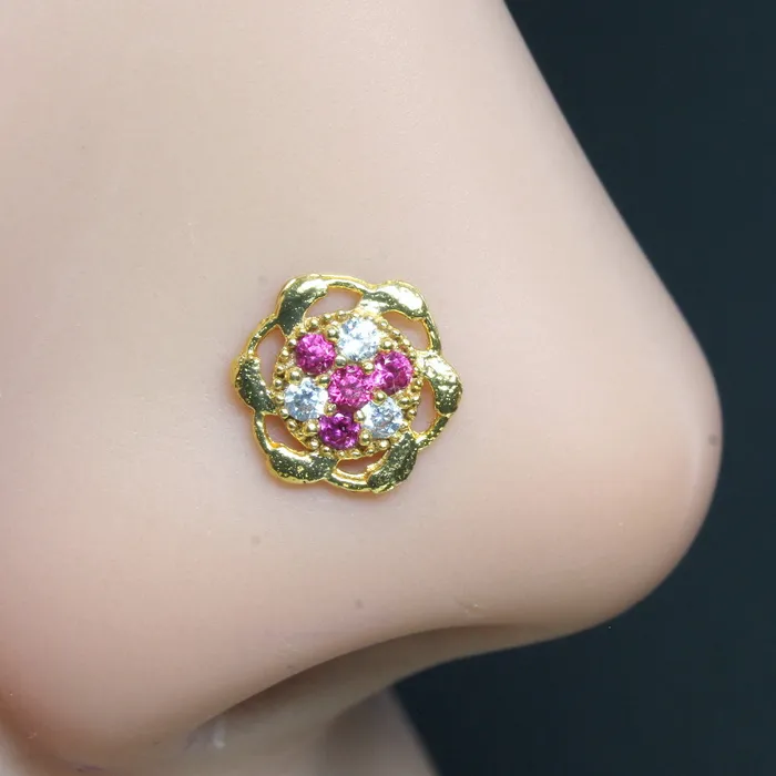Karizma Jewels Rings 2pc Set Gold Plated Indian Ethnic Floral Nose Stud CZ Twisted nose ring 22g