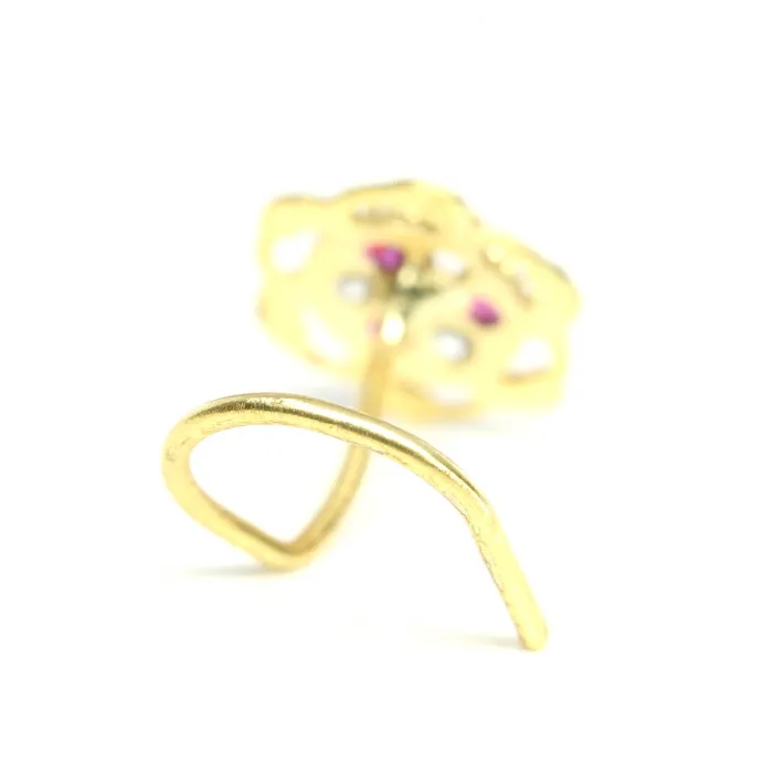 Karizma Jewels Rings 2pc Set Gold Plated Indian Ethnic Floral Nose Stud CZ Twisted nose ring 22g