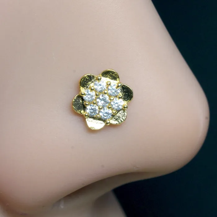 Karizma Jewels Rings 2pc Set Gold Plated Indian Ethnic Floral Nose Stud CZ Twisted nose ring 22g