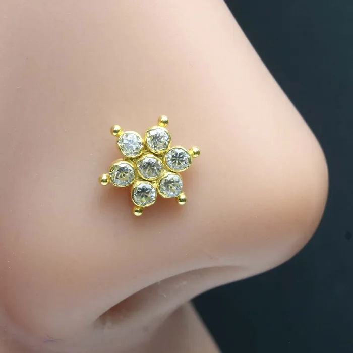 Karizma Jewels Rings Floral 14K Gold Nose Stud White CZ Indian style L Bend nose ring 22g Karizma Jewels Rings Floral 14K Gold Nose Stud White CZ Indian style L Bend nose ring 22g