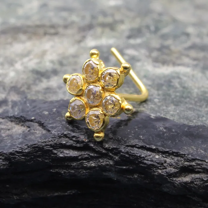 Karizma Jewels Rings Floral 14K Gold Nose Stud White CZ Indian style L Bend nose ring 22g