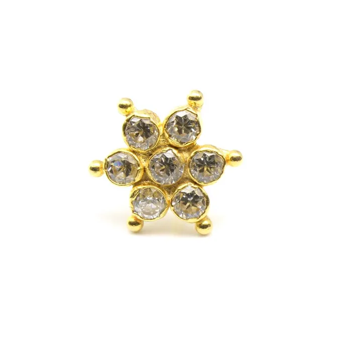 Karizma Jewels Rings Floral 14K Gold Nose Stud White CZ Indian style L Bend nose ring 22g