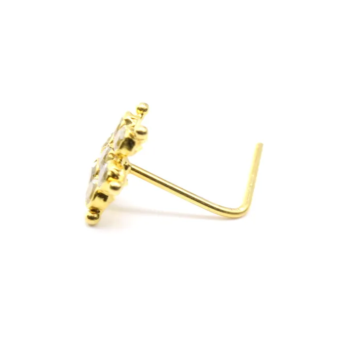 Karizma Jewels Rings Floral 14K Gold Nose Stud White CZ Indian style L Bend nose ring 22g