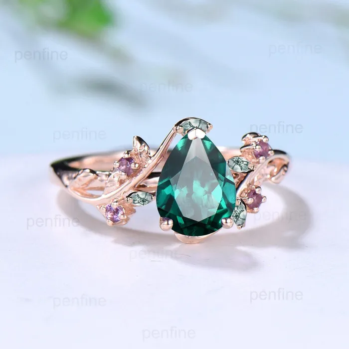 Natural inspired Lab Created Emerald Ring Vintage Twig Pear Shaped Engagement Ring Leaf Amethyst marquise moss agate Wedding Branch Ring PENFINE Rings Natural inspired Lab Created Emerald Ring Vintage Twig Pear Shaped Engagement Ring Leaf Amethyst marquise moss agate Wedding Branch Ring PENFINE Rings