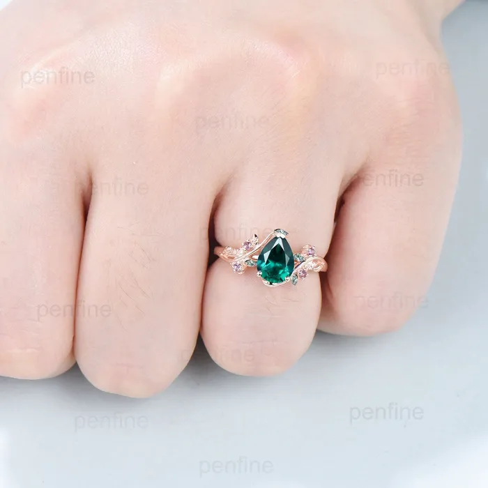 Natural inspired Lab Created Emerald Ring Vintage Twig Pear Shaped Engagement Ring Leaf Amethyst marquise moss agate Wedding Branch Ring PENFINE Rings Natural inspired Lab Created Emerald Ring Vintage Twig Pear Shaped Engagement Ring Leaf Amethyst marquise moss agate Wedding Branch Ring PENFINE Rings