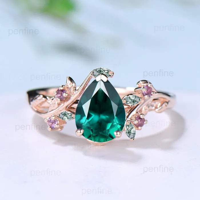 Natural inspired Lab Created Emerald Ring Vintage Twig Pear Shaped Engagement Ring Leaf Amethyst marquise moss agate Wedding Branch Ring PENFINE Rings Natural inspired Lab Created Emerald Ring Vintage Twig Pear Shaped Engagement Ring Leaf Amethyst marquise moss agate Wedding Branch Ring PENFINE Rings