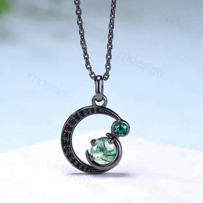 Necklaces PENFINE Unique Black Gold Green Moss Agate Necklace Magic Crescent Moon Dainty Agate Pendant Necklace Halloween Gothic Anniversary Gift for Daughter Necklaces PENFINE Unique Black Gold Green Moss Agate Necklace Magic Crescent Moon Dainty Agate Pendant Necklace Halloween Gothic Anniversary Gift for Daughter