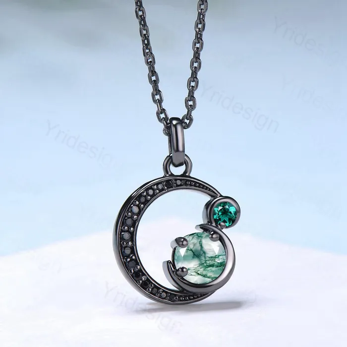 Necklaces PENFINE Unique Black Gold Green Moss Agate Necklace Magic Crescent Moon Dainty Agate Pendant Necklace Halloween Gothic Anniversary Gift for Daughter Necklaces PENFINE Unique Black Gold Green Moss Agate Necklace Magic Crescent Moon Dainty Agate Pendant Necklace Halloween Gothic Anniversary Gift for Daughter
