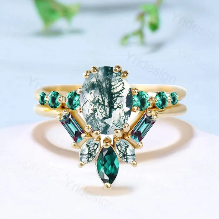 PENFINE Rings 15CT Natural Oval Green Moss Agate Engagement Ring Set Unique Seven Stone Alexandrite Emerald Bridal Set Unique Anniversary Ring For Women