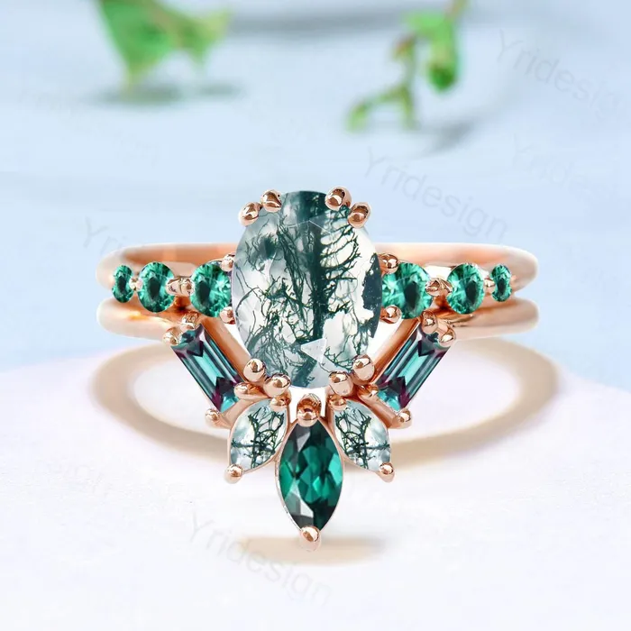 PENFINE Rings 15CT Natural Oval Green Moss Agate Engagement Ring Set Unique Seven Stone Alexandrite Emerald Bridal Set Unique Anniversary Ring For Women PENFINE Rings 15CT Natural Oval Green Moss Agate Engagement Ring Set Unique Seven Stone Alexandrite Emerald Bridal Set Unique Anniversary Ring For Women