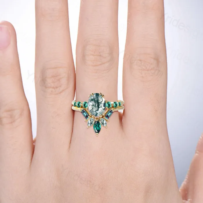 PENFINE Rings 15CT Natural Oval Green Moss Agate Engagement Ring Set Unique Seven Stone Alexandrite Emerald Bridal Set Unique Anniversary Ring For Women PENFINE Rings 15CT Natural Oval Green Moss Agate Engagement Ring Set Unique Seven Stone Alexandrite Emerald Bridal Set Unique Anniversary Ring For Women