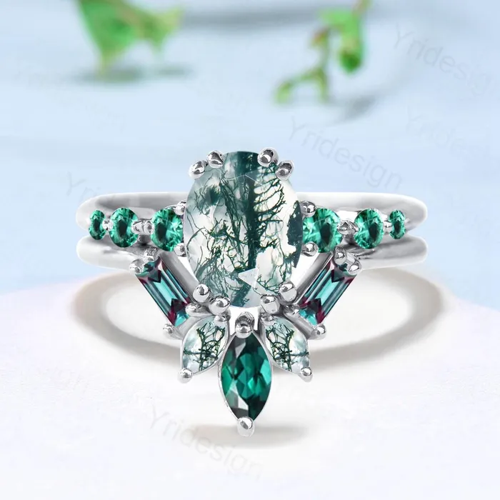 PENFINE Rings 15CT Natural Oval Green Moss Agate Engagement Ring Set Unique Seven Stone Alexandrite Emerald Bridal Set Unique Anniversary Ring For Women PENFINE Rings 15CT Natural Oval Green Moss Agate Engagement Ring Set Unique Seven Stone Alexandrite Emerald Bridal Set Unique Anniversary Ring For Women