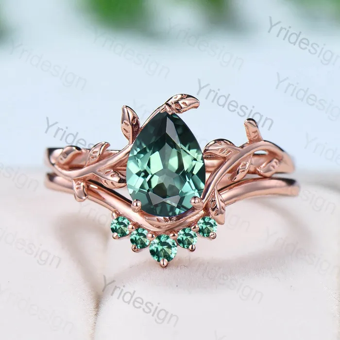 PENFINE Rings Nature Inspired Sapphire Ring Elegant Teardrop Green Sapphire Solitaire Wedding Ring Set Vintage Unique Leaf Engagement Ring Women Leaves PENFINE Rings Nature Inspired Sapphire Ring Elegant Teardrop Green Sapphire Solitaire Wedding Ring Set Vintage Unique Leaf Engagement Ring Women Leaves