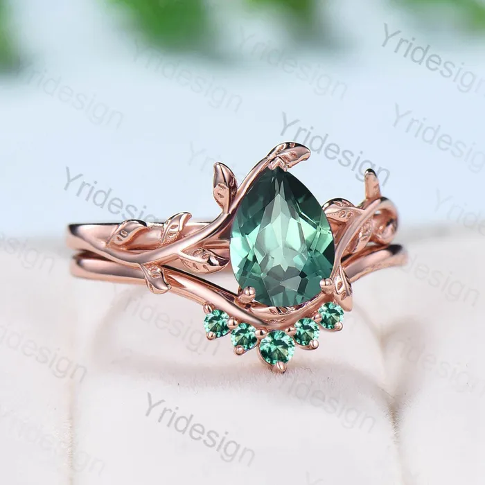 PENFINE Rings Nature Inspired Sapphire Ring Elegant Teardrop Green Sapphire Solitaire Wedding Ring Set Vintage Unique Leaf Engagement Ring Women Leaves