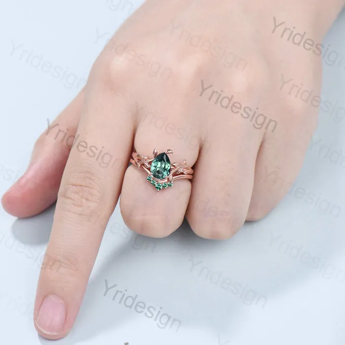 PENFINE Rings Nature Inspired Sapphire Ring Elegant Teardrop Green Sapphire Solitaire Wedding Ring Set Vintage Unique Leaf Engagement Ring Women Leaves