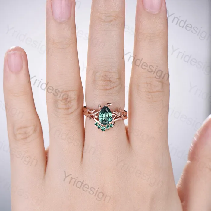 PENFINE Rings Nature Inspired Sapphire Ring Elegant Teardrop Green Sapphire Solitaire Wedding Ring Set Vintage Unique Leaf Engagement Ring Women Leaves