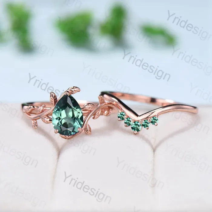 PENFINE Rings Nature Inspired Sapphire Ring Elegant Teardrop Green Sapphire Solitaire Wedding Ring Set Vintage Unique Leaf Engagement Ring Women Leaves
