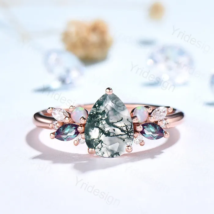 PENFINE Rings Teardrop Aquatic Agate Wedding Ring Vintage Unique Moss Agate Engagement Ring Rose Gold Alternative Alexandrite Opal Wedding Ring For Women PENFINE Rings Teardrop Aquatic Agate Wedding Ring Vintage Unique Moss Agate Engagement Ring Rose Gold Alternative Alexandrite Opal Wedding Ring For Women