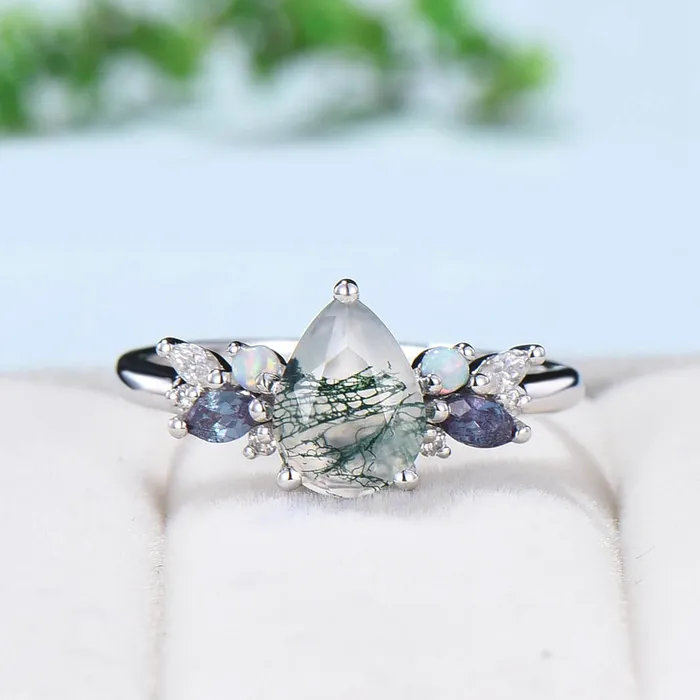 PENFINE Rings Teardrop Aquatic Agate Wedding Ring Vintage Unique Moss Agate Engagement Ring Rose Gold Alternative Alexandrite Opal Wedding Ring For Women PENFINE Rings Teardrop Aquatic Agate Wedding Ring Vintage Unique Moss Agate Engagement Ring Rose Gold Alternative Alexandrite Opal Wedding Ring For Women