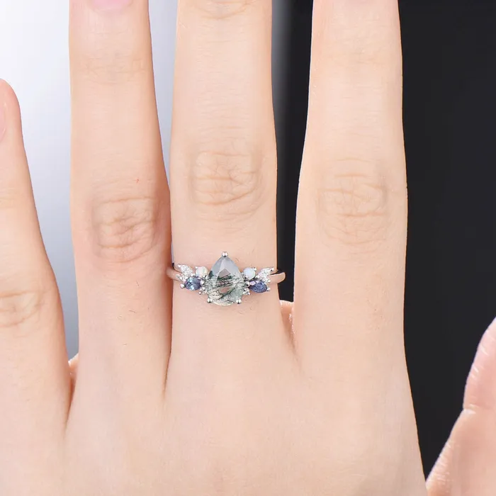 PENFINE Rings Teardrop Aquatic Agate Wedding Ring Vintage Unique Moss Agate Engagement Ring Rose Gold Alternative Alexandrite Opal Wedding Ring For Women PENFINE Rings Teardrop Aquatic Agate Wedding Ring Vintage Unique Moss Agate Engagement Ring Rose Gold Alternative Alexandrite Opal Wedding Ring For Women